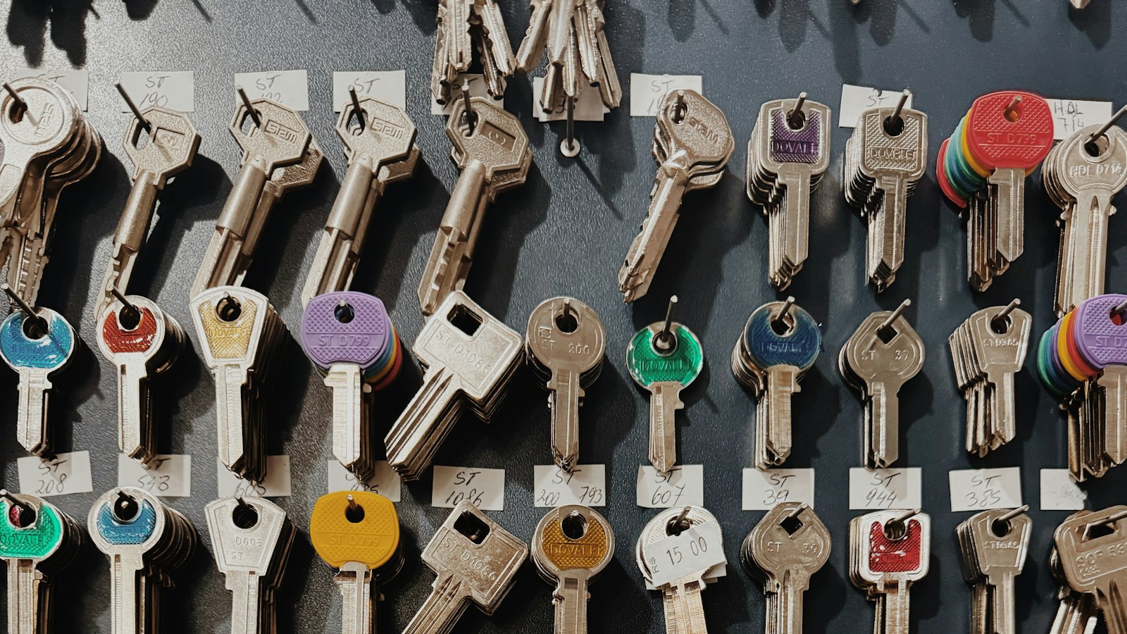 A wall of labelled keys on hooks