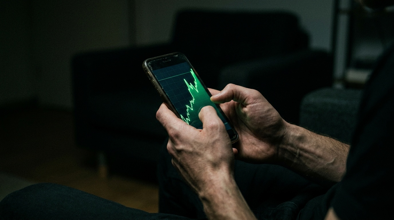 Hands holding a phone showing a rising green trading chart in a dark room