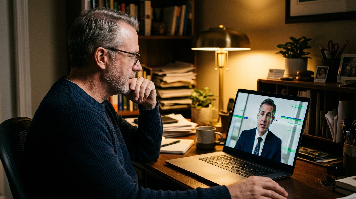 A man watching a video call with a financial adviser whose image shows signs of digital manipulation