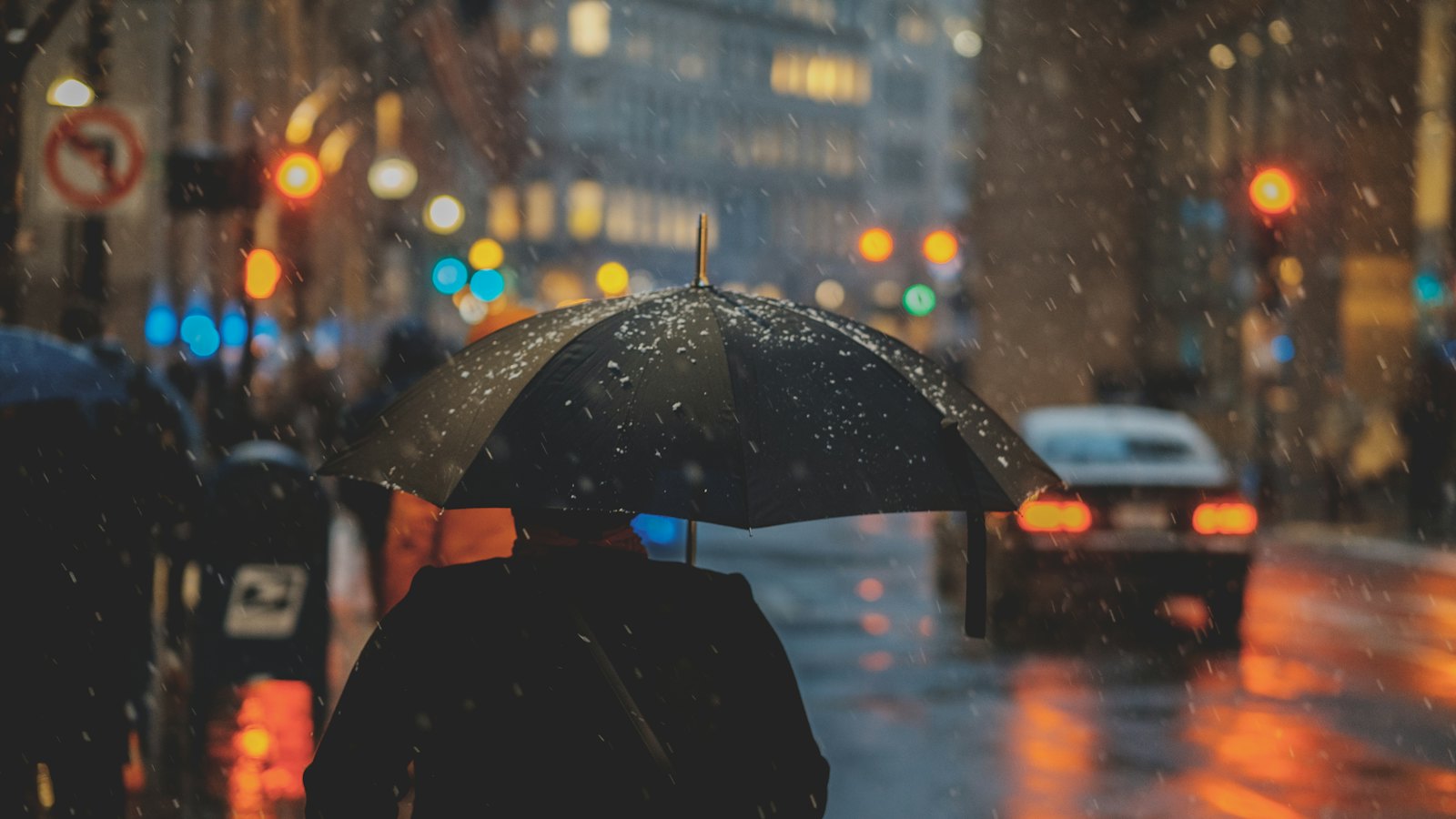 A person with an umbrella on a rainy city street