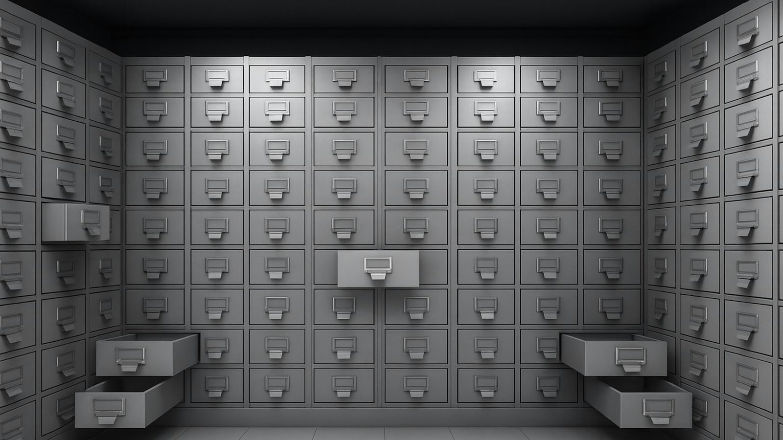 A room lined with rows of metal filing drawers