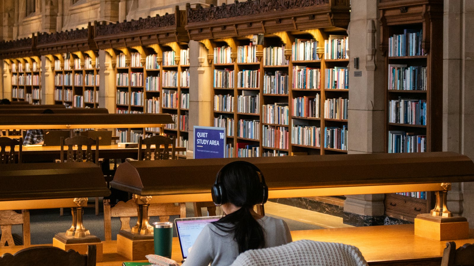 A student studying with a laptop in a library