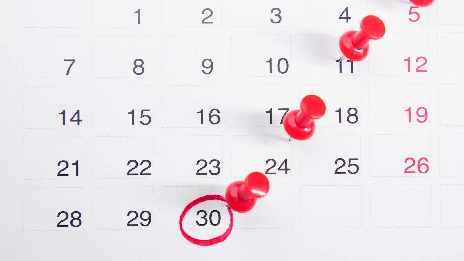 A calendar marked with red pins