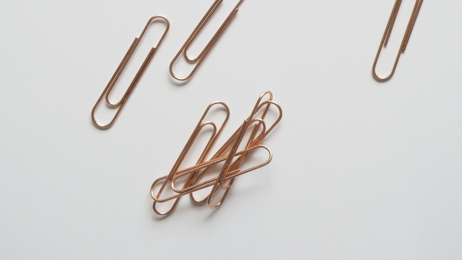 Copper paper clips scattered on a white surface