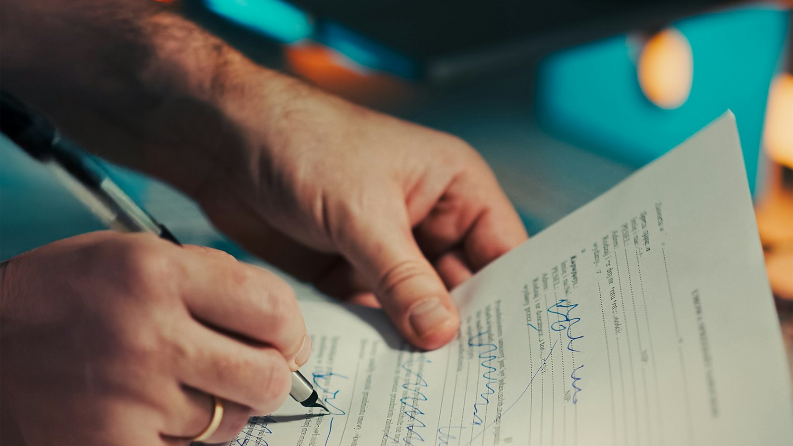 A man signing a form with a pen