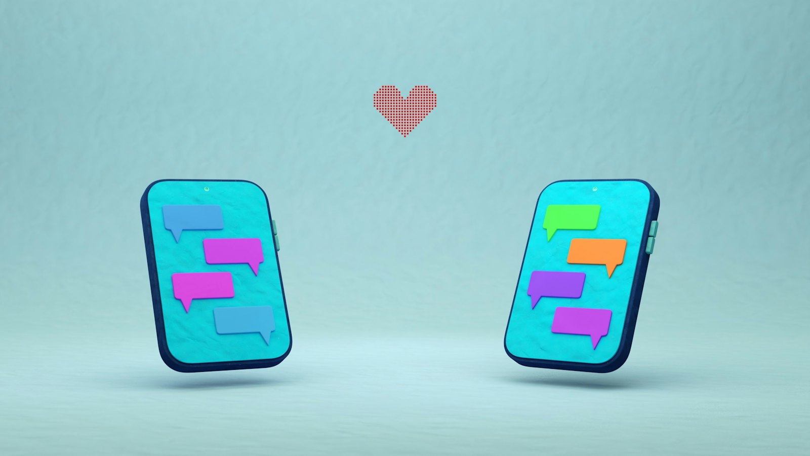 Two illustrated phones with chat bubbles and a small heart floating between them
