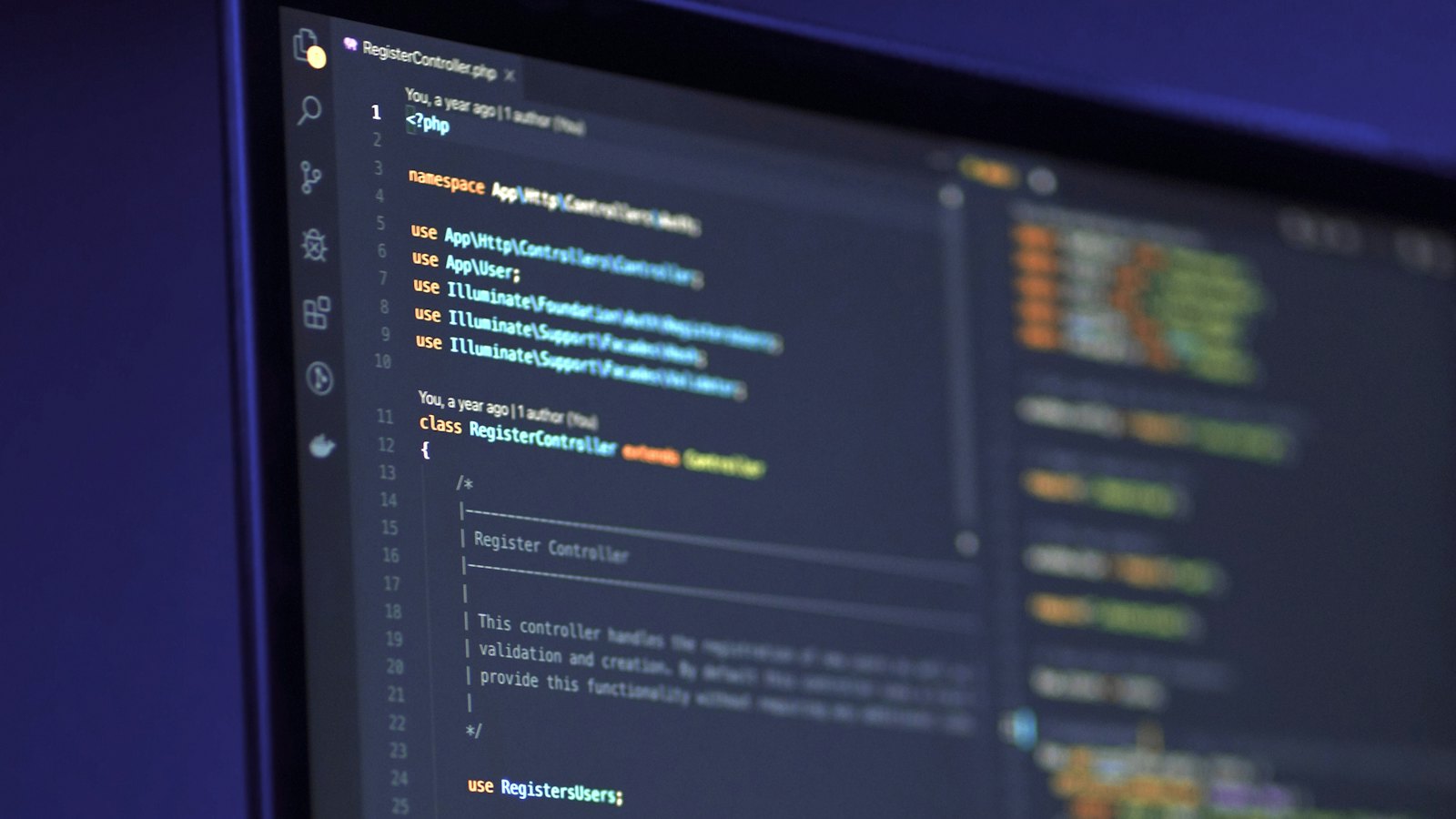 Code displayed on a computer screen in blue tones