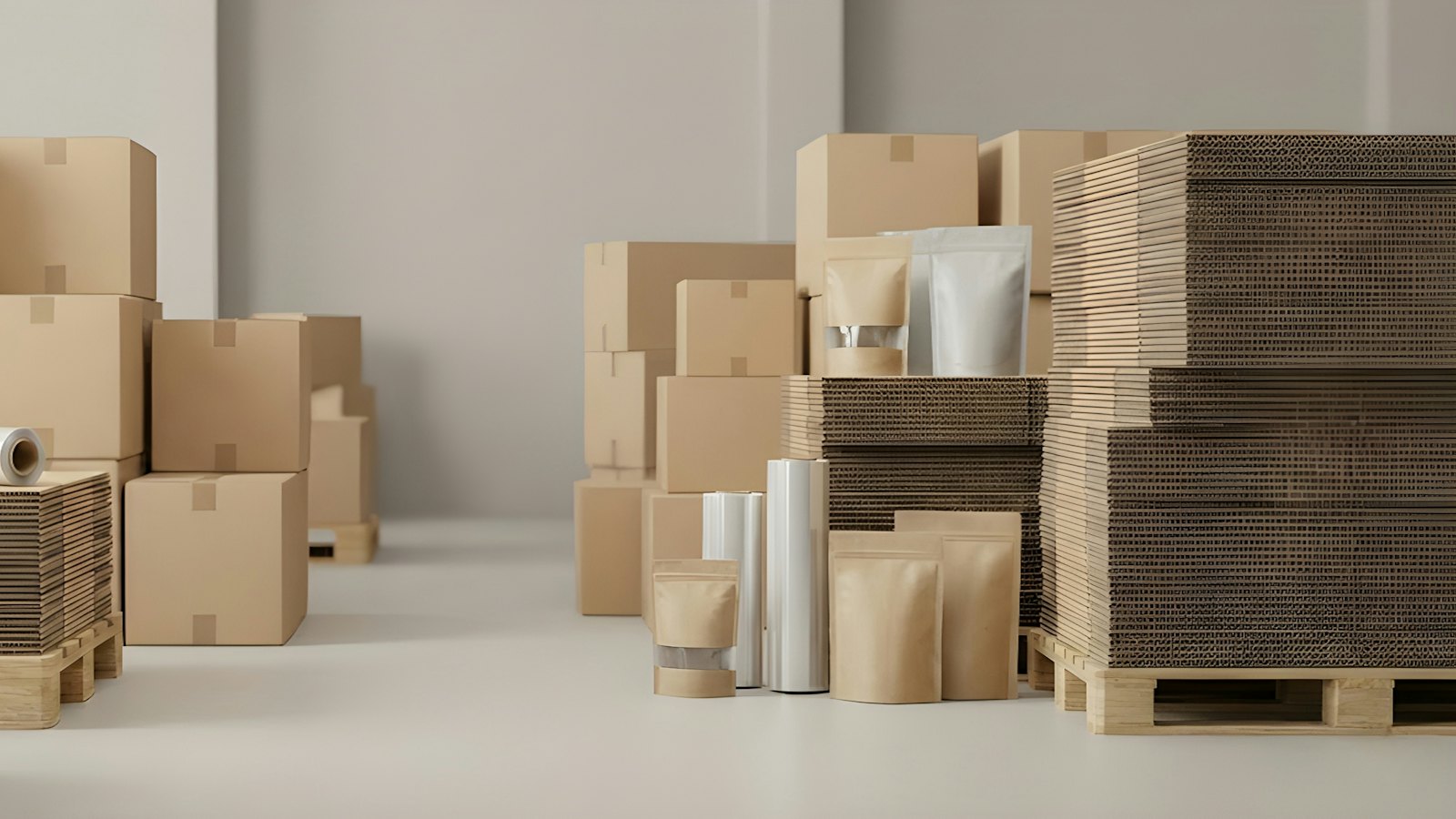 Cardboard boxes and packaging in a warehouse