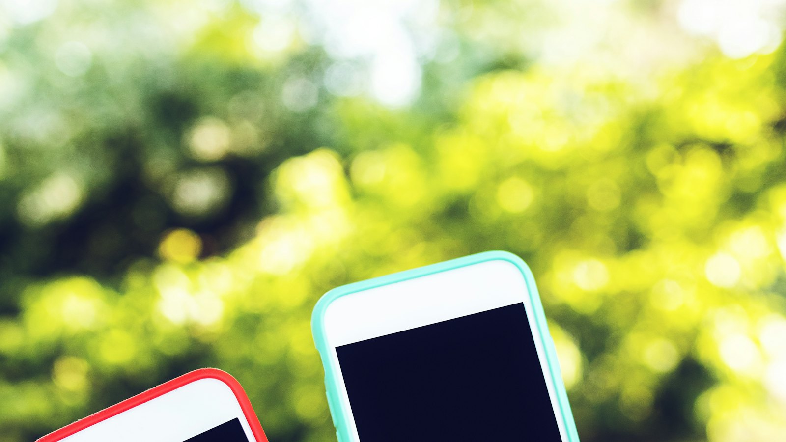 Two people holding up smartphones
