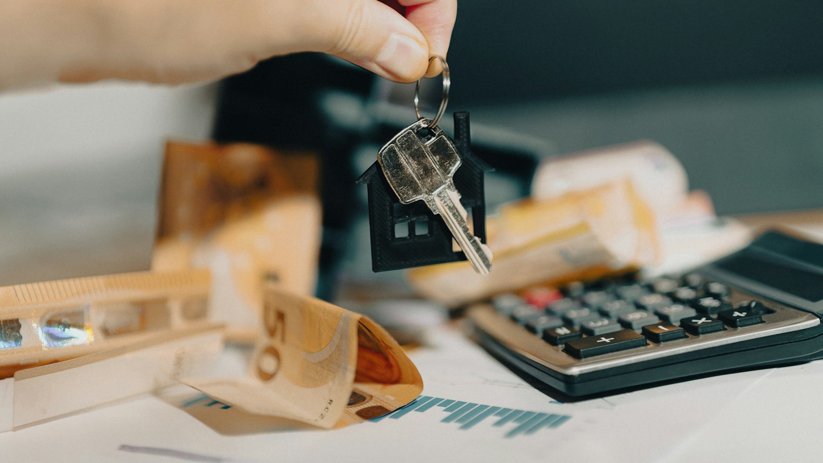 Keys, cash and a calculator on a desk