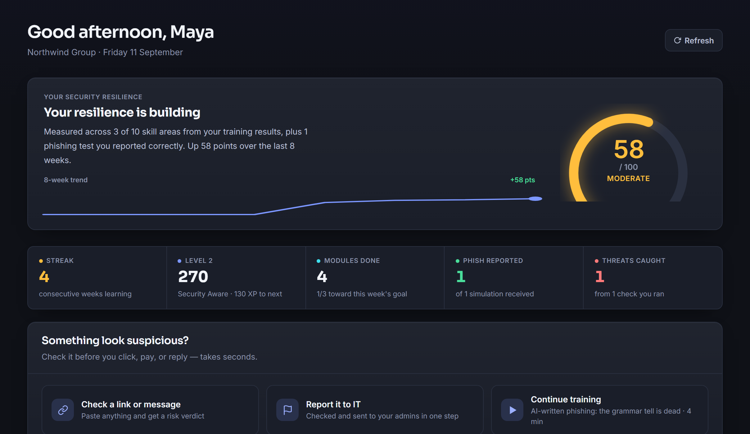 An employee's CyberWatch AI home screen showing their personal security resilience score, streak and recommended next training module